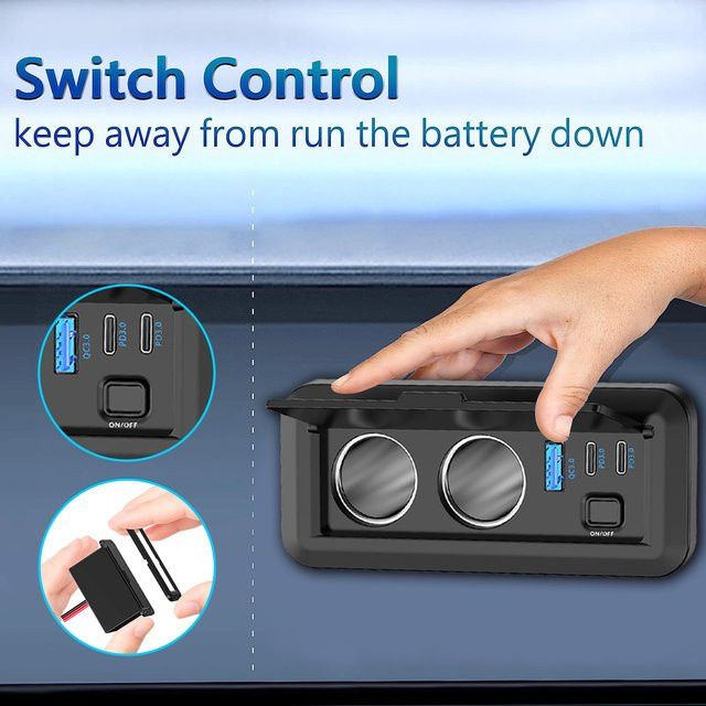 kebidumei USB-Autoladebuchse mit 3 Ports, Dual 36W PD3.0 & 18W QC3.0 Ladegerät, Wasserdicht für 12V/24V Auto LKW Boot, Schwarz - Bild 1