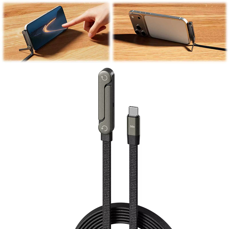 Alloet USB-C zu USB-C Schnellladekabel mit integriertem Telefonständer, 240W, Schwarz - Bild 4