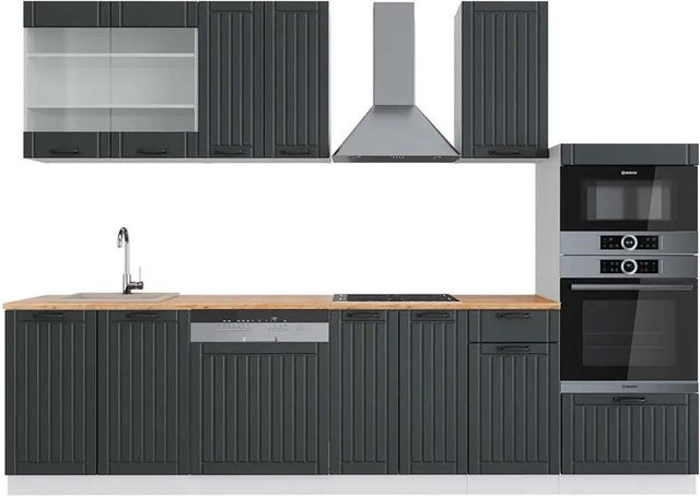 Vicco Fame-Line Küchenzeile im Landhausstil in Anthrazit und Weiß mit Hochschrank, Breite: 300 cm - Bild 1