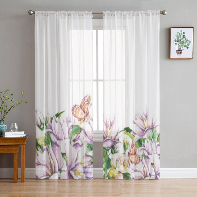 Transparente Voile-Vorhänge von A Family Of Home Textiles mit Aquarellblumen und Schmetterlingen in Weiß und Multicolour, Breite: 135 cm, Höhe: 114 cm - Bild 1