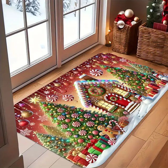 VIKAMA Weihnachts-Fußmatte mit Lebkuchenhaus und Baum-Design für deine Weihnachtsdekoration - Bild 1