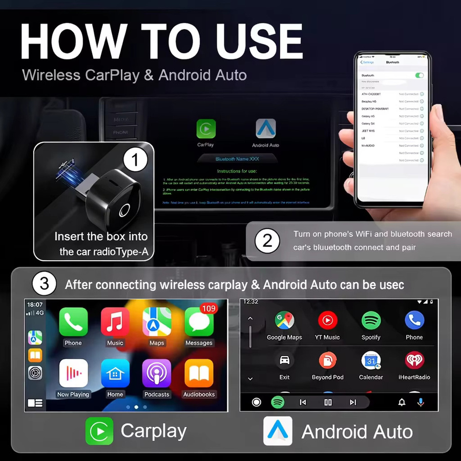 AUTOABC 2in1 Wireless CarPlay und Android Auto Adapter AI Smart Box in Schwarz für VW Toyota Nissan Honda Ford Benz - Bild 4