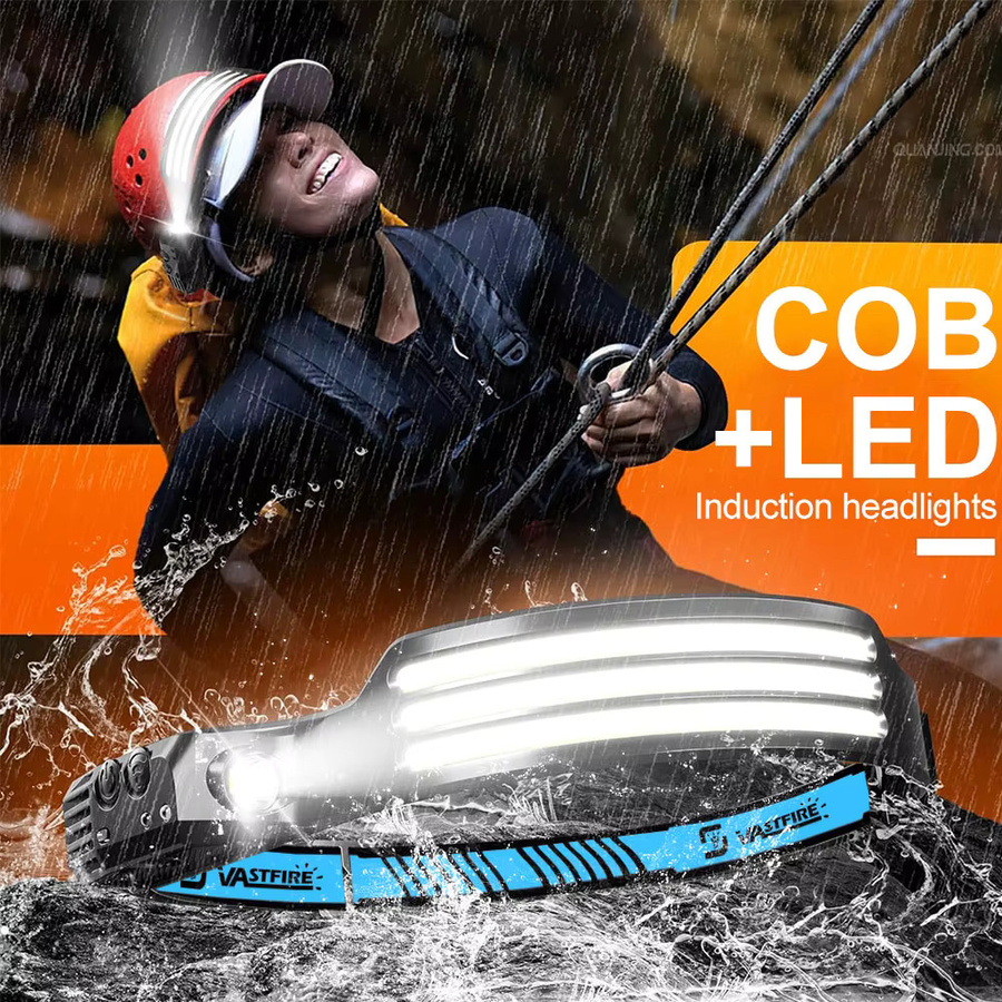VASTFIRE LED Stirnlampe mit Bewegungssensor, USB wiederaufladbar, wasserdichte XPE+COB Taschenlampe in Schwarz - Bild 6