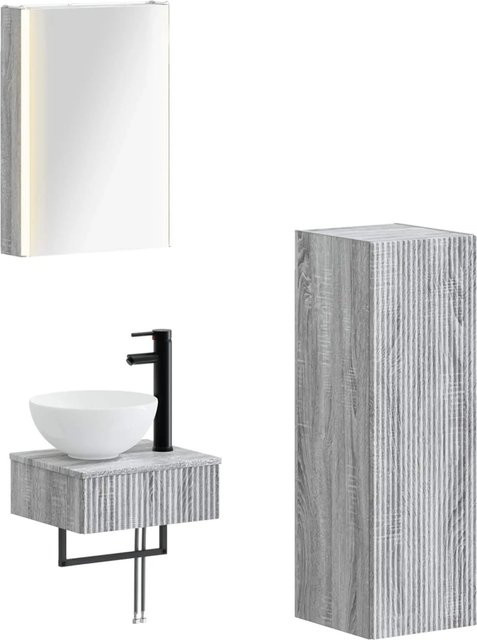 vidaXL Badezimmerschrank-Set 4-teilig in Grau Sonoma, modern mit Waschtischunterschrank, Wandunterschrank und Spiegelschrank mit LED-Beleuchtung, B/T/H: 43 x 11,5 x 60,5 cm - Bild 1