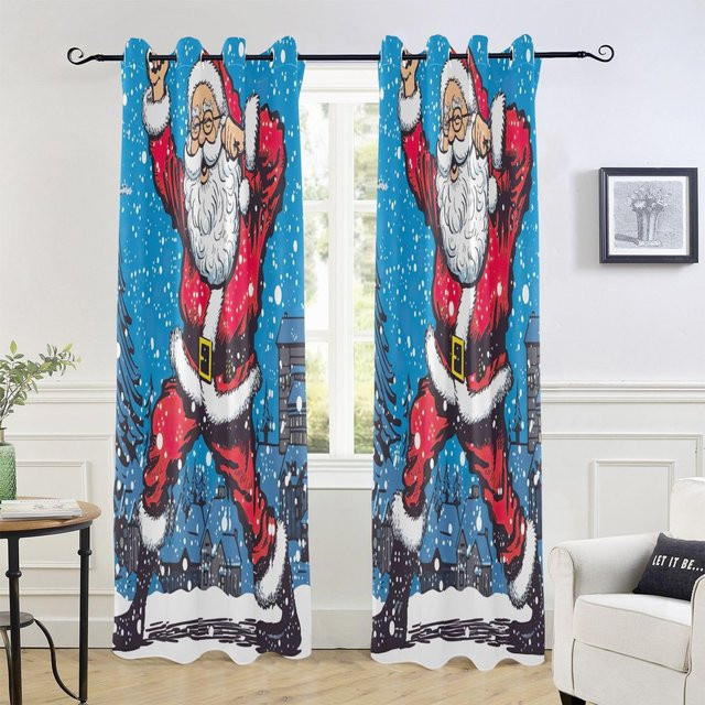 Yiran Furniture Weihnachtsverdunkelungsvorhänge mit Weihnachtsmann-Motiv, Blau, B: 55 cm, H: 120 cm, 2er-Set - Bild 1