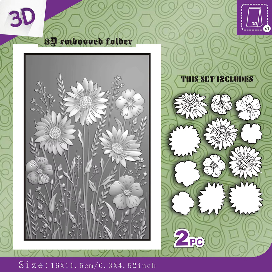 Green Field Blooming Flowers 2-teiliges Set aus 3D-Reliefmappe und Schneidform in Gelb aus Metall - Bild 2
