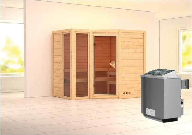 Karibu Sauna Amalia aus Fichtenholz in Natur mit 9,0 kW Ofen und integrierter Steuerung, B/T: 236 x 184 cm, Farbe: Braun - Bild 1