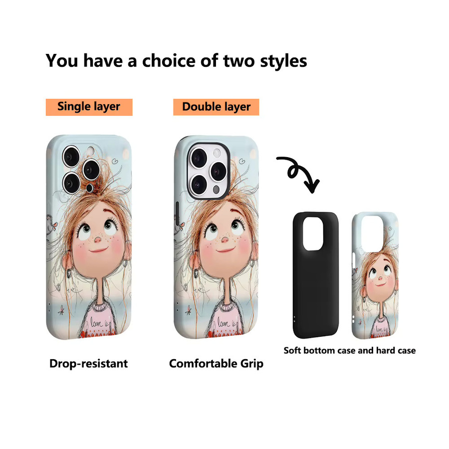 Handyhülle mit süßem Mädchen und Vögeln für Apple iPhone 17 16 15 14 13 12 11 Pro Max Plus, mehrfarbig, doppelschichtige Rückseite - Bild 2