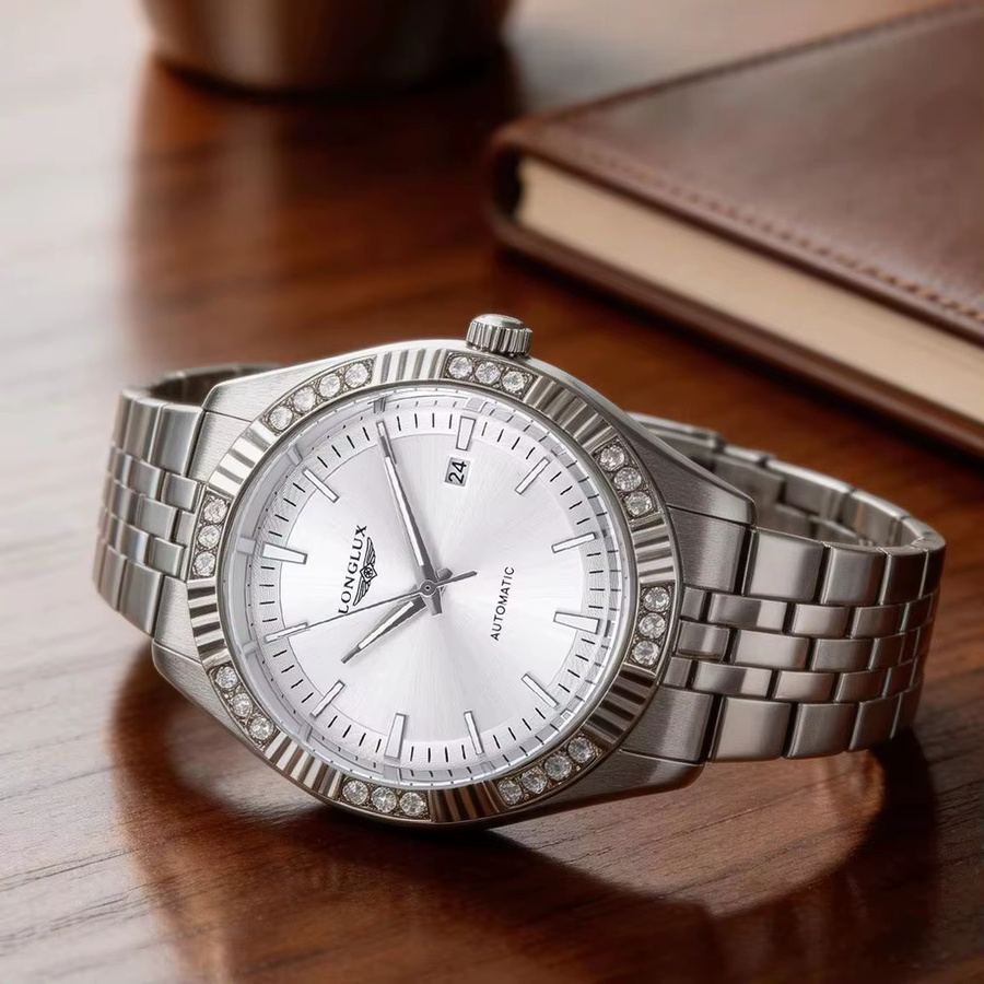 LONGLUX Automatikuhr, Edelstahl, Diamant, Herren, Weiß, Datum - Bild 3
