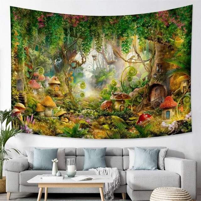 Fantasy Wald Wandteppich mit verzaubertem Pilz und Baumhaus, bunter Wandbehang im Märchen-Wunderland-Stil von JMG Household Supplies, Breite: 150 cm, Höhe: 180 cm - Bild 1