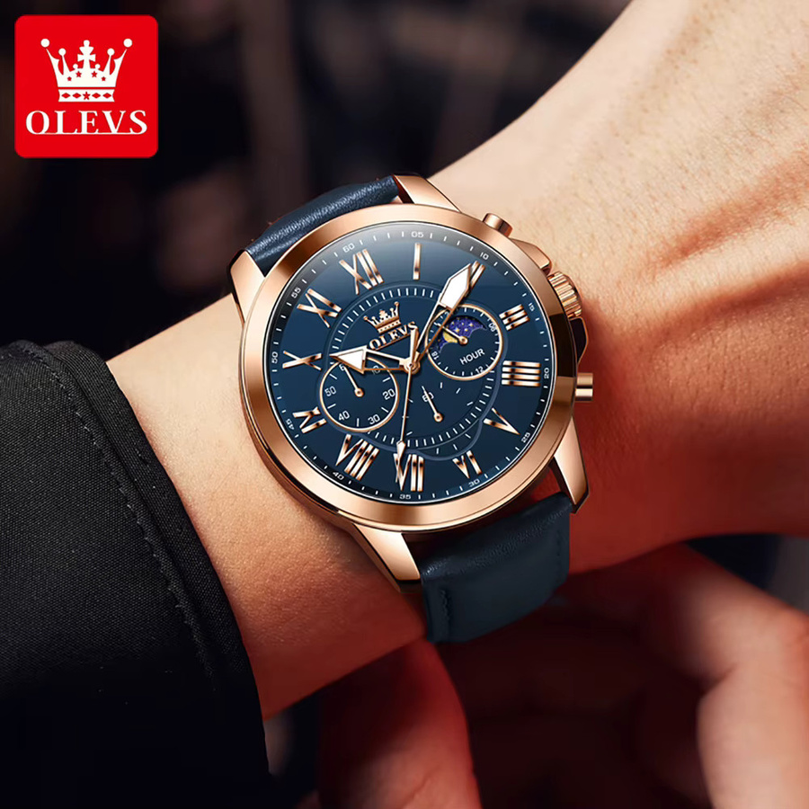 OLEVS Chronograph, Quarz, Lederarmband, Blau, Herren - Bild 2