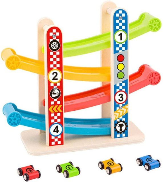 Tooky Toy Holzturm-Rennbahn Rutschturm mit 4 Rennautos bunt ab 18 Monaten - Bild 1