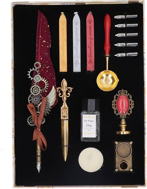 GoolRC Federkiel und Tinten-Set im Vintage-Stil mit rotem Wachssiegelstempel aus Metall - Bild 1
