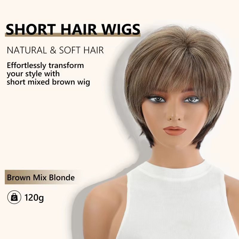 Suri Hair Kurzhaar-Perücke mit Pony, dunkelbraun-blond, glattes Kunsthaar, Damen - Bild 2