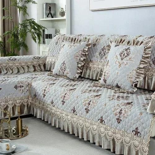 Four Seasons Universal-Sofabezug mit großem Rock im europäischen Stil, rutschfeste Sofamatte aus Baumwolle und Leinen mit Jacquard-Muster und floralem Design, Farbe: Grau, B/T/H: 80 x 80 x 18 cm - Bild 1