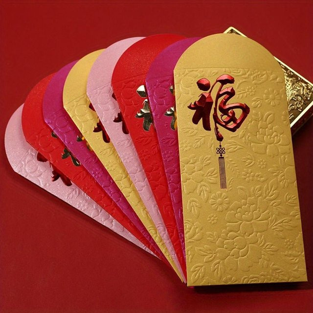 10er Set Rote Umschläge im chinesischen Stil mit Goldfolien-Design für das Neujahrsfest in Rot, Gold und Pink - Bild 1