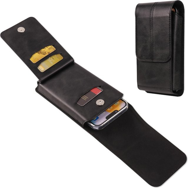 eForMobile Luxus Leder Handyhülle mit Kartenhalter und Gürtelclip für iPhone 16 15 14 13 Pro, Samsung Galaxy S24 S23 A55 und Xiaomi Redmi Note 12, Holstertasche Schwarz - Bild 1