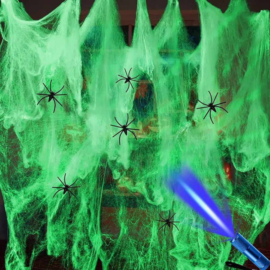Runto Halloween Dekoration Set mit leuchtendem Spinnennetz und 50 schwarzen Spinnen für Outdoor und Horror-Partys - Bild 3