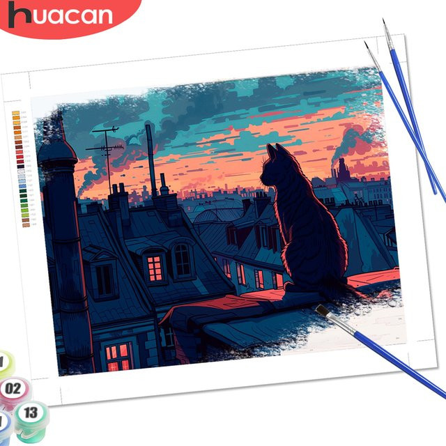 HUACAN Malen nach Zahlen Set Abstraktes Katzenmotiv mit Stadt und Sonnenuntergang als 5D DIY Wanddekoration in Multicolour - Bild 1