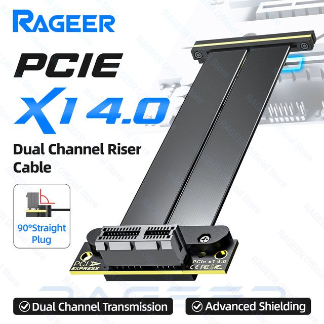 RAGEER PCIe 4.0 X1 Dual-Channel Riser-Kabel Schwarz PCI-Express X1 Verlängerungskabel Adapter für Netzwerk- und Capture-Karten - Bild 1