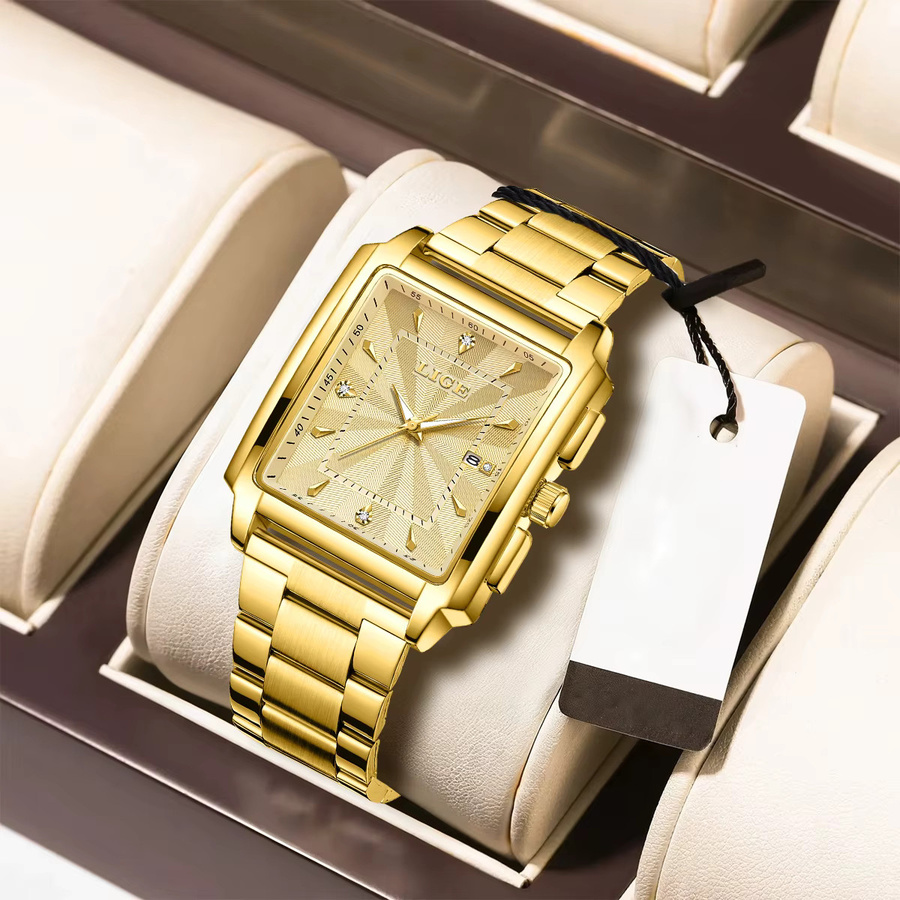 LIGE Armbanduhr Chronograph, Quarz, Edelstahl, Gold, eckig, Herren - Bild 2