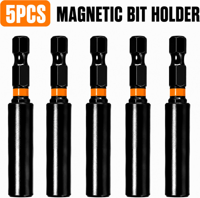 5 Stück Magnetische Bithalter aus S2 Stahl in Schwarz, 60 mm Länge, 1/4 Zoll Sechskantschaft Bit-Verlängerung für Schlagschrauber und Bohrmaschinen - Bild 1