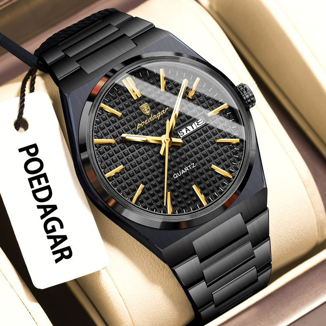 POEDAGAR Armbanduhr Edelstahl, Quarz, Silber, Herren, Datum, Wochentag - Bild 1