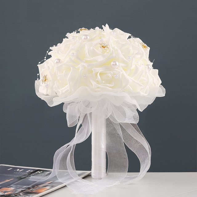 Weißer Brautstrauß aus Rosenblüten als floraler Simulationsstrauß für Hochzeiten und Verlobungen, Textil, Rund - Bild 1