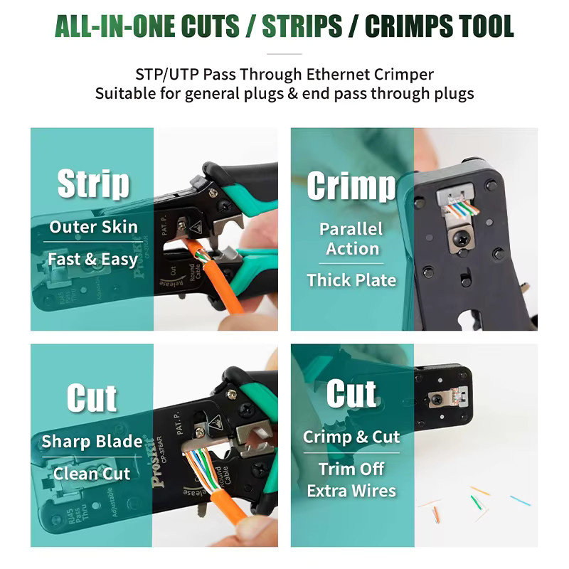 Pro'skit CP-376AR 3-in-1 Netzwerk-Crimpzange für CAT.7/6/5 Ethernet/LAN Kabel: Schneiden, Abisolieren und Crimpen - Bild 2