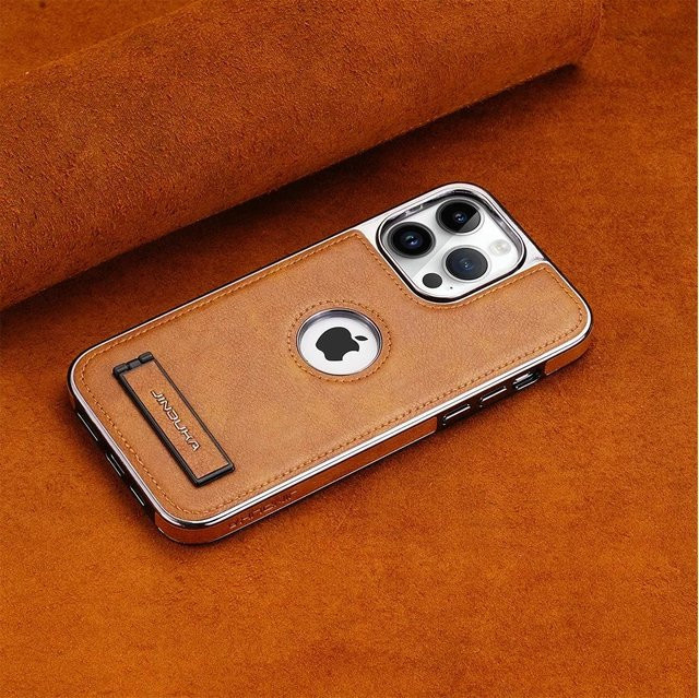 Yiran Klappständer-Telefonhülle aus PU-Leder mit galvanisierter Lünette für iPhone 16 15 14 13 12 11 Pro Max Plus, Ultradünn, Schwarz - Bild 1