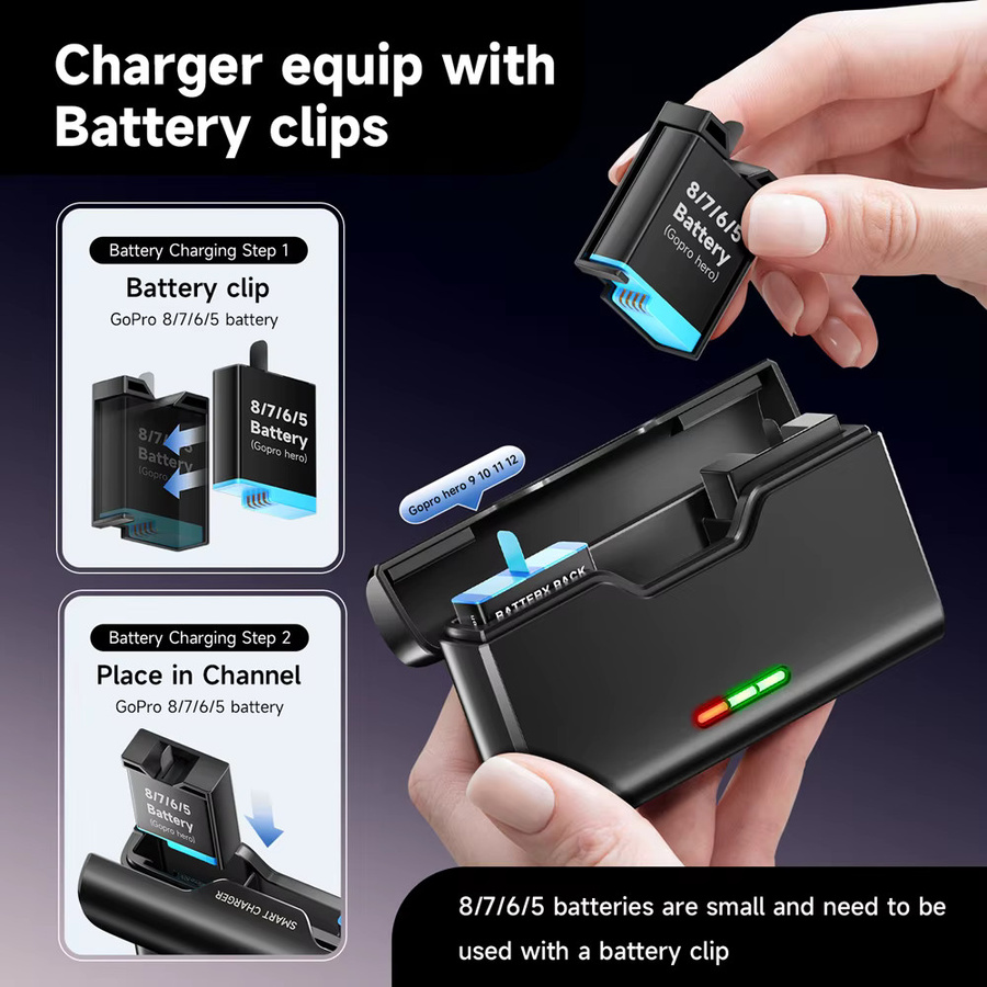 GoPro Ersatzakku-Set für Hero 12 11 10 9 mit 2000mAh Akku und 3-Slot-LED-USB-Schnellladegerät in Schwarz - Bild 6