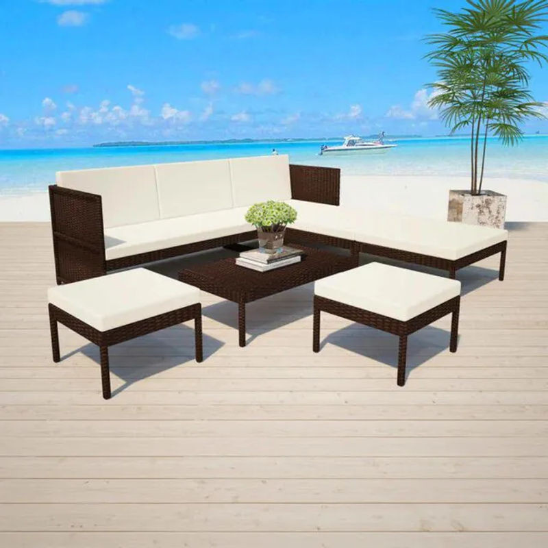 6-teiliges Gartenlounge-Set aus Poly-Rattan mit Auflagen in Braun und Creme von vidaxl - Bild 1
