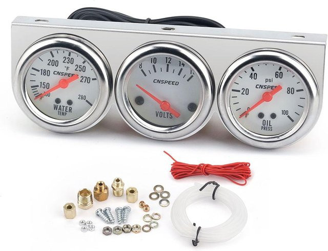 Universal Auto Triple Gauge Set Messgeräte Kit mit Wassertemperatur-, Öldruck- und Volt-Anzeige in Grau - Bild 1