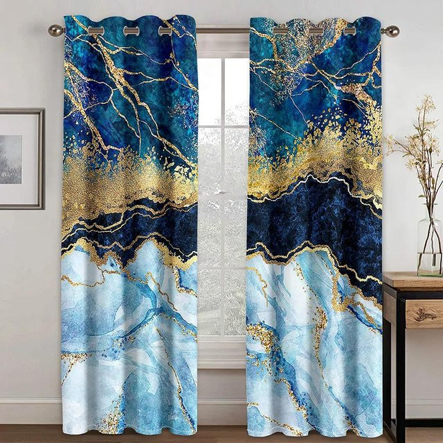 Modernes 2er-Set Vorhänge mit 3D Marmor-Druck in Schwarz und Gold, halbtransparent, Polyester, Breite: 50 cm, Höhe: 130 cm pro Paneel - Bild 1