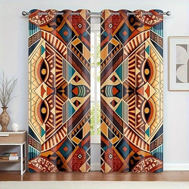2er-Set Yiran Furniture Boho Vorhänge mit Mandala und Elefanten-Print, halbtransparent, Mehrfarbig, Breite: 200 cm, Höhe: 240 cm - Bild 1