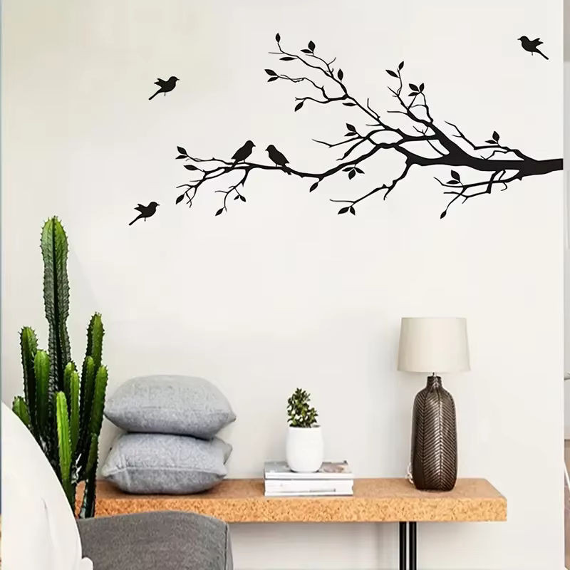Wandaufkleber Ast und Vogel Silhouette in Schwarz aus wasserfestem Vinyl für minimalistische Wanddekoration - Bild 1