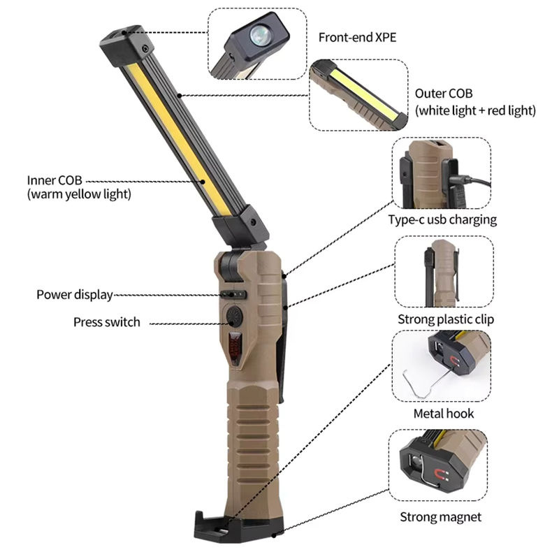 XIWANGFIRE Faltbare COB-LED-Arbeitsleuchte mit Hängehaken und Magnet, USB-wiederaufladbar, Schwarz - Bild 2