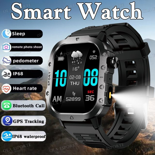 Militärische Smartwatch HW12 für Herren von Ola Esporte in Silber mit 2,01 Zoll Display, Fitness-Tracker, Gesundheitsüberwachung, Bluetooth-Anruffunktion und LED-Taschenlampe - Bild 1