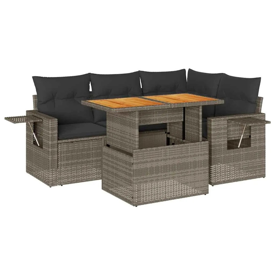 vidaXL 5-teilige Garten-Sofagarnitur in L-Form aus grauem Poly-Rattan mit Kissen und pulverbeschichtetem Stahlrahmen - Bild 2