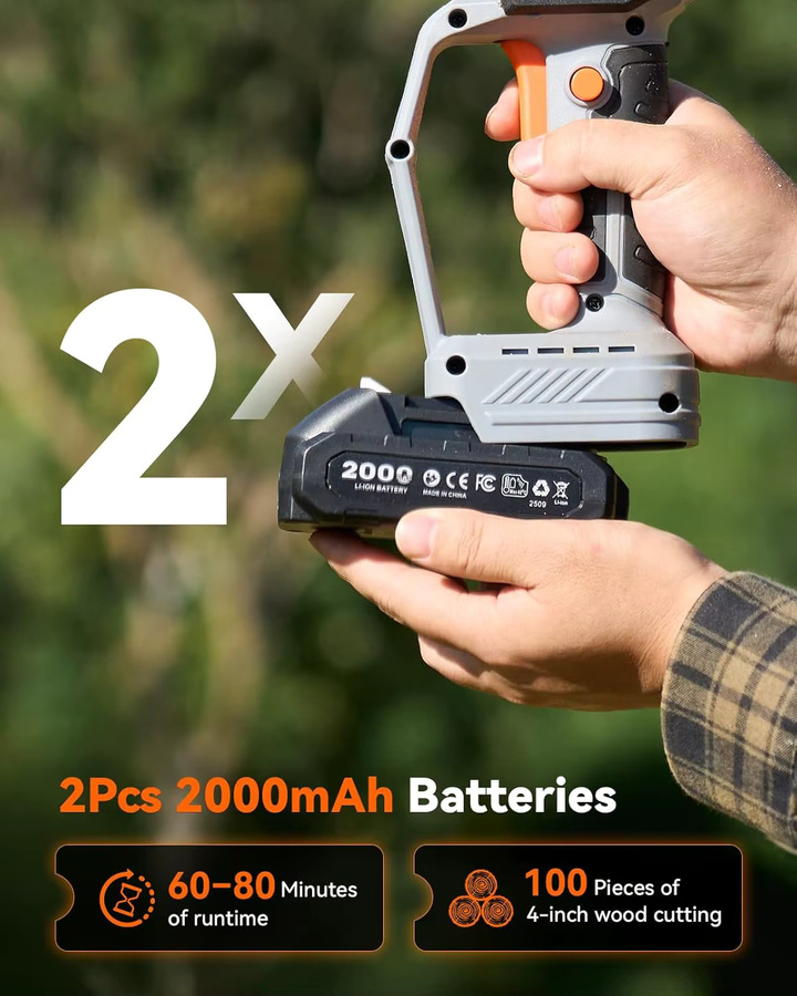 TaskStar 8-Zoll Mini-Akku-Kettensäge mit bürstenlosem Motor, inklusive 2 x 2,0-Ah Akkus, passend für Makita 18V LXT Anschluss - Bild 4