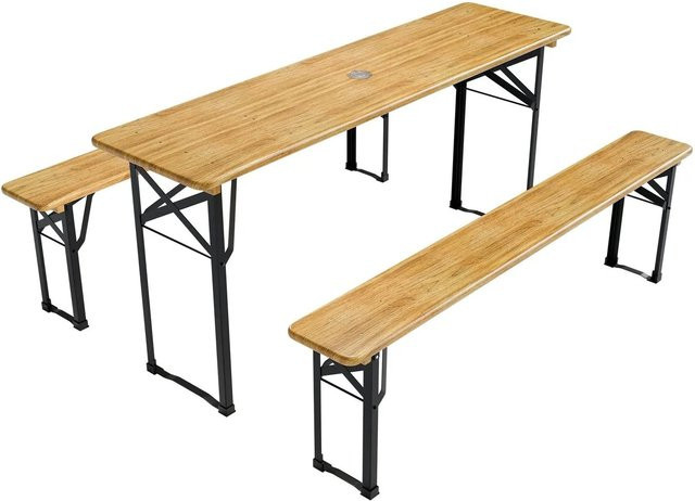 Juskys Bierzeltgarnitur Bichl 3-teilig aus lackiertem Tannenholz in Braun und Schwarz, klappbares Gartenmöbel-Set mit 1 Biertisch und 2 Bierbänken, Breite: 170 cm - Bild 1