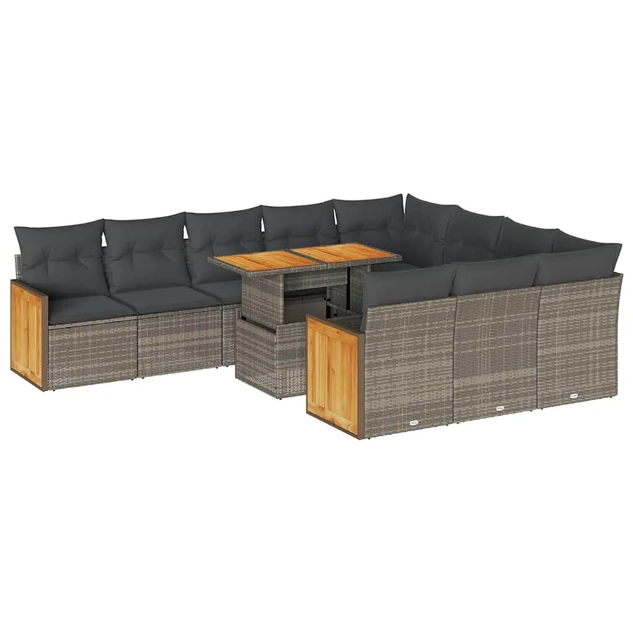 vidaXL 11-teilige Garten-Sofagarnitur aus Poly-Rattan und Akazienholz in Grau mit Kissen - Bild 2