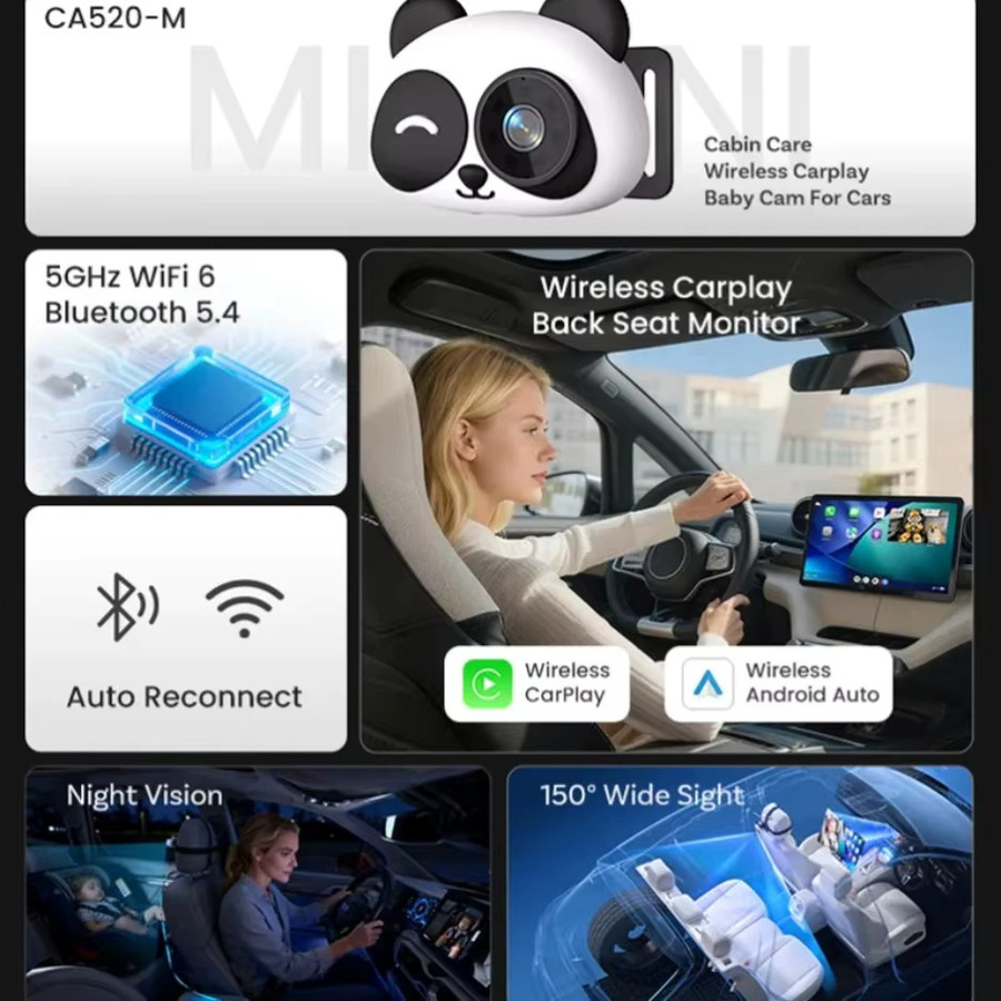 Cabin Care Kabelloser CarPlay-Adapter mit 1080P HD Baby-Autokamera, 150 Grad Weitwinkel und Nachtsicht-Rückfahrmonitor mit geteilter Bildschirmfunktion in Weiß - Bild 4