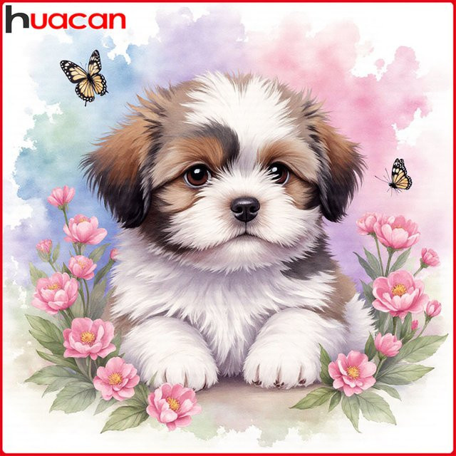 Huacan 5D-Diamantgemälde zum Selbermachen mit Hund und Rosen in Mehrfarbig, B/H: 20 x 20 cm - Bild 1
