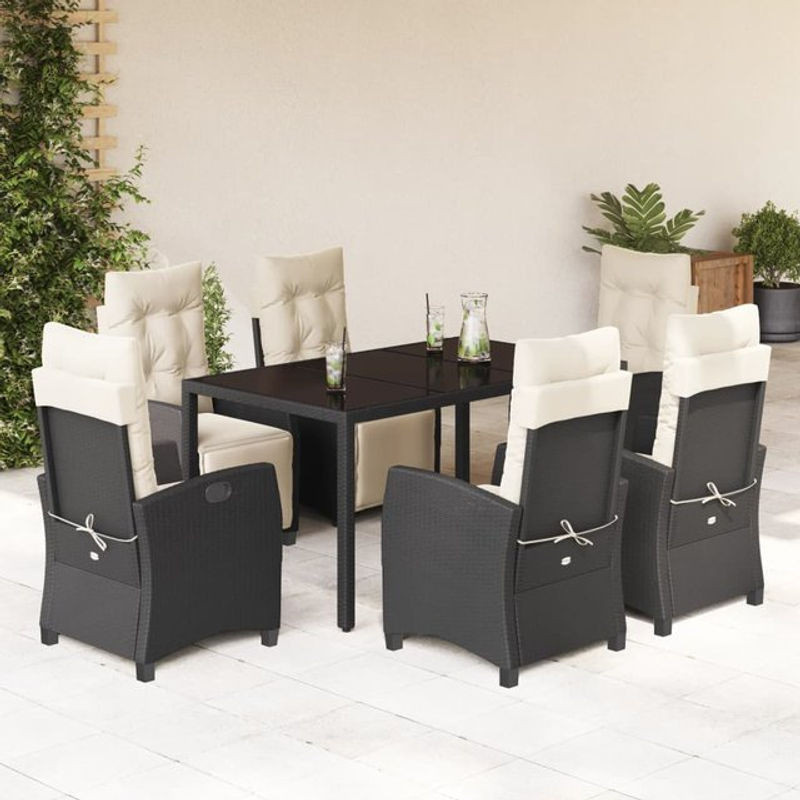 Vidaxl Gartenmöbel-Set aus Polyrattan mit Kissen und Glastisch, 7-teilig, Schwarz - Bild 1