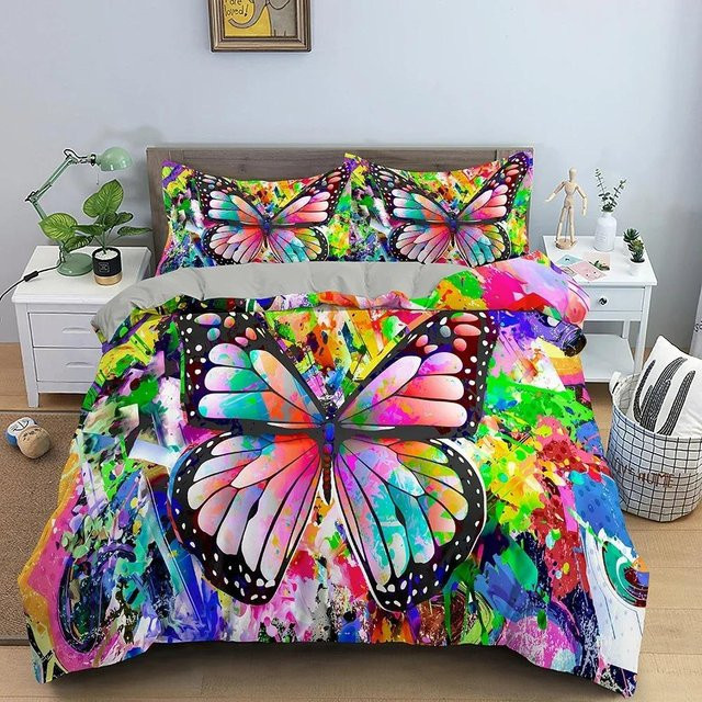 Binchi Bettwäsche-Set mit Schmetterlings- und Blumenmuster, Mehrfarbig, aus Polyester und Mikrofaser, bestehend aus Bettbezug und Kissenbezügen, Breite: 133 cm, Höhe: 70 cm - Bild 1