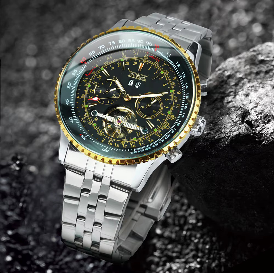 JARAGAR Automatik-Armbanduhr, Edelstahl, Leder, Schwarz, Herren - Bild 3