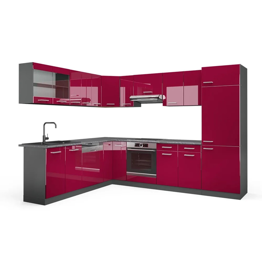 Vicco R-Line Eckküche modern in Bordeaux und Anthrazit Hochglanz B/T/H: 227 x 287 x 207 cm - Bild 2