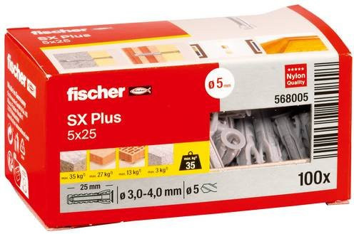 Fischer SX Plus Spreizdübel aus Nylon in Weiß, Durchmesser: 5 mm, Länge: 25 mm, 100 Stück - Bild 1