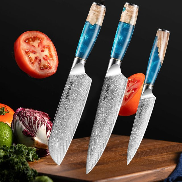 MDHAND 3-teiliges Küchenmesser-Set aus Edelstahl mit Kunstharzgriff in Blau inklusive Santoku-Messer und Obstmesser - Bild 1